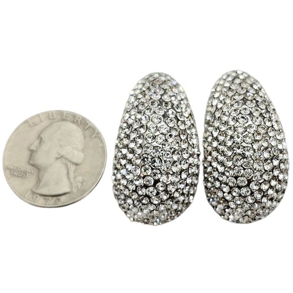 Jarin Silver Tone Clear Rhinestone Pave Clip On Earrings Teardrop Style, Signed - Picture 8 of 11